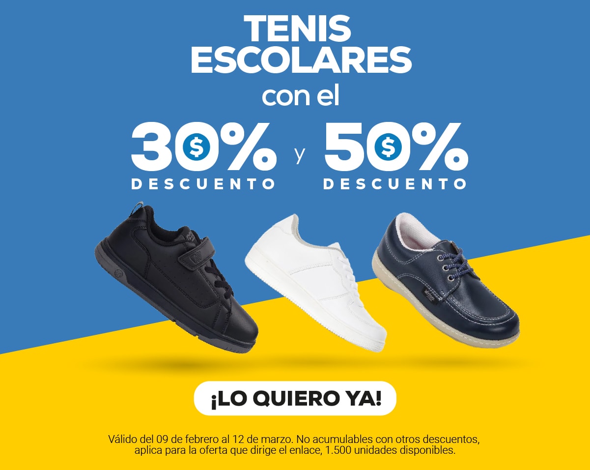 TENIS ESCOLARES con el 30% DESCUENTO y 50% DESCUENTO ¡LO QUIERO YA! Válido del 02 de febrero al 12 de marzo. Descuentos del 30% y 50% de dcto, aplica para la oferta que dirige el enlace, 1,500 unidades disponibles.